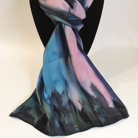 Hand Painted Silk Scarf Bubblegum Pink Blue Womens Unique - Picture 3 of 4